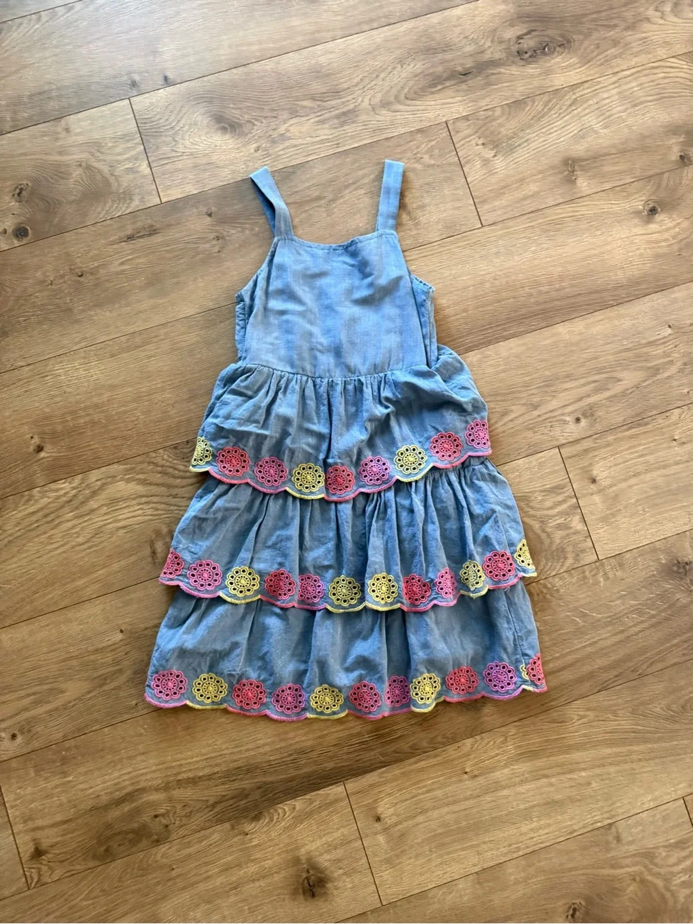 Old Navy Chambray Tiered Dress with Pink & Yellow Trim